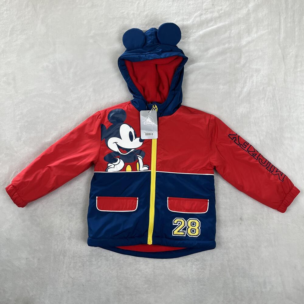 Vintage Disney Jacket Kids 4 Red Blue Mickey Mouse Fleece Lined Hooded Ears